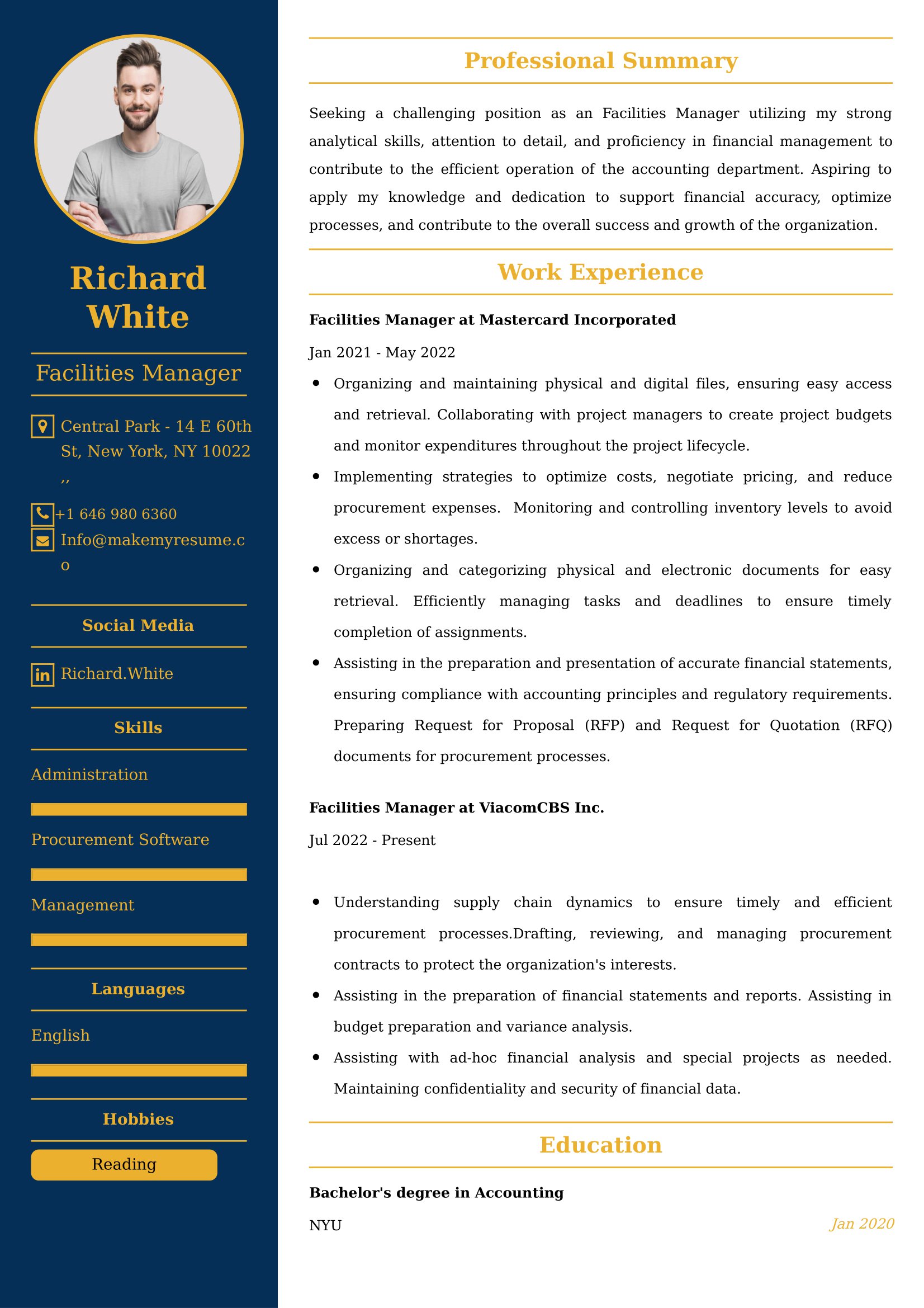 Facilities Manager Resume Sample