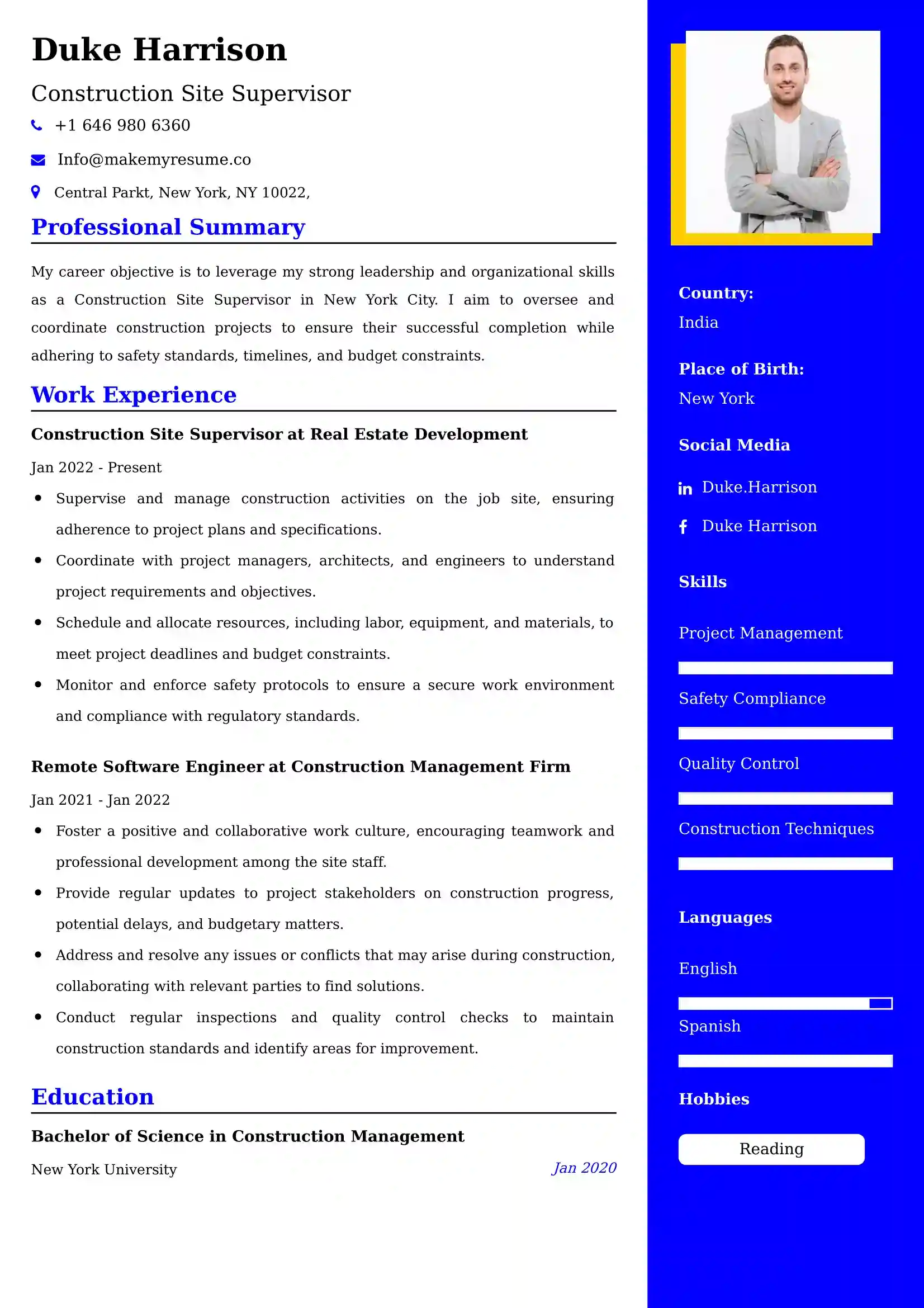 Construction Site Supervisor Resume Examples - UAE Format and Tips.