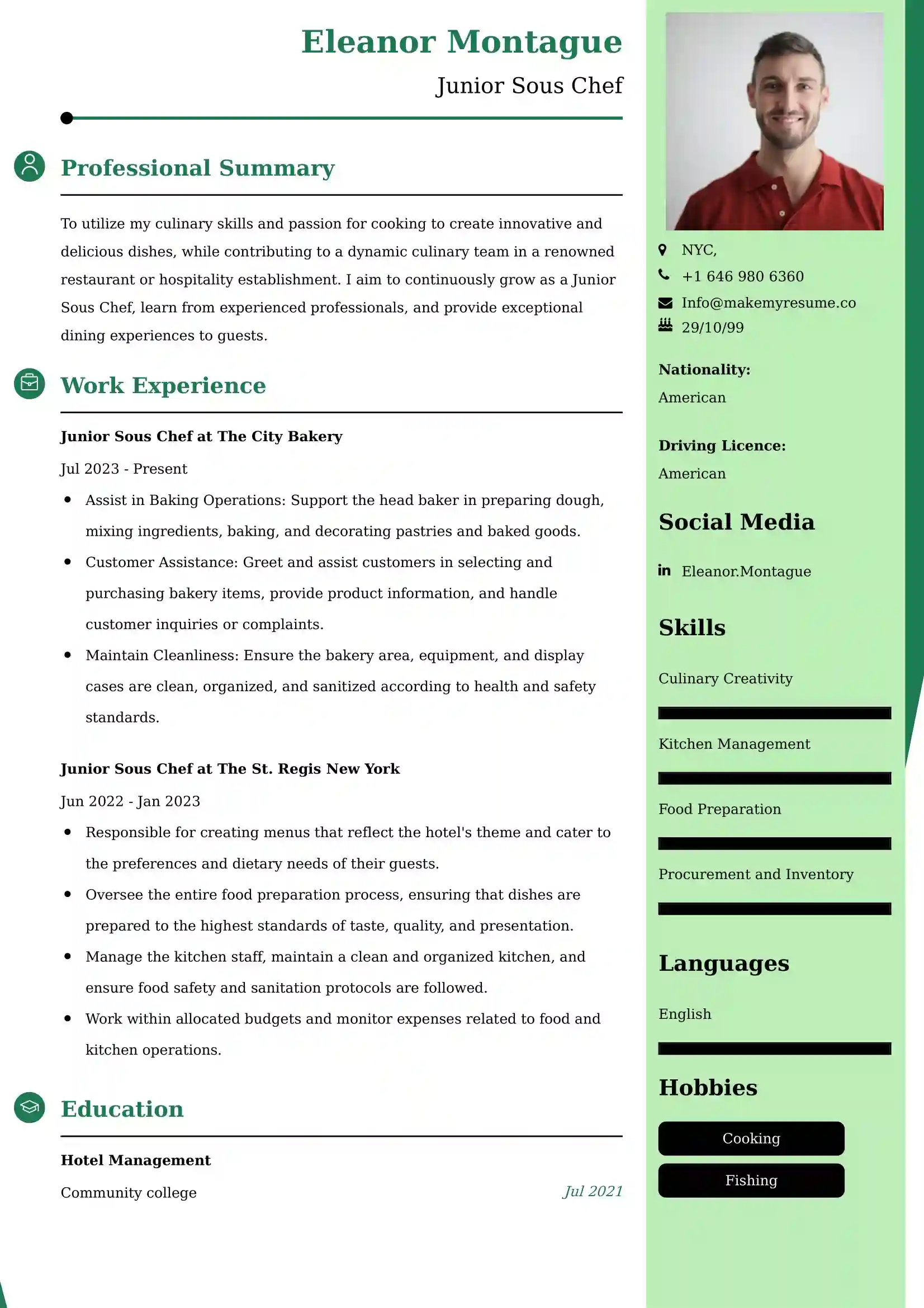 Junior Sous Chef Resume Examples - UAE Format and Tips.
