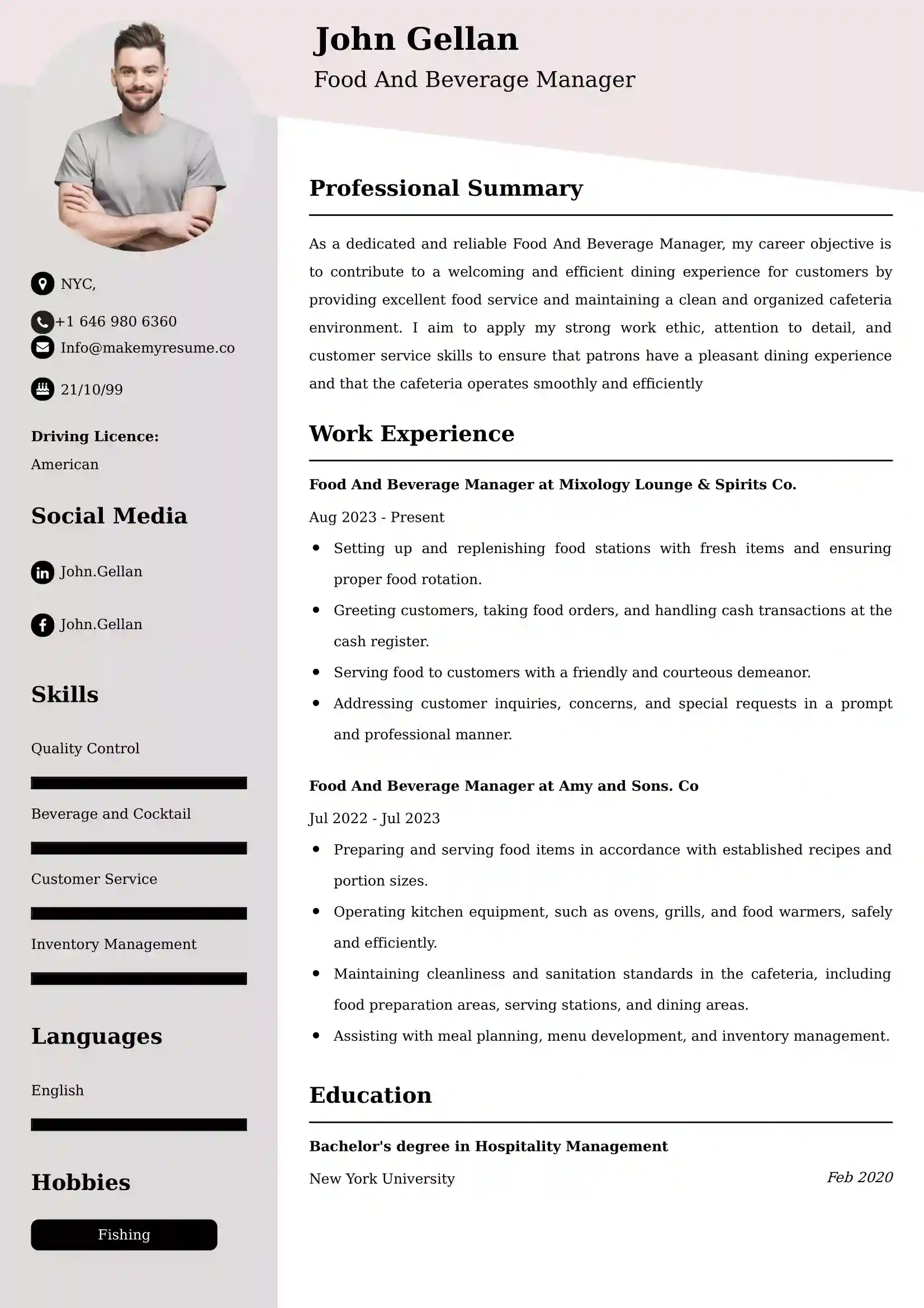Food And Beverage Manager Resume Examples - UAE Format and Tips.