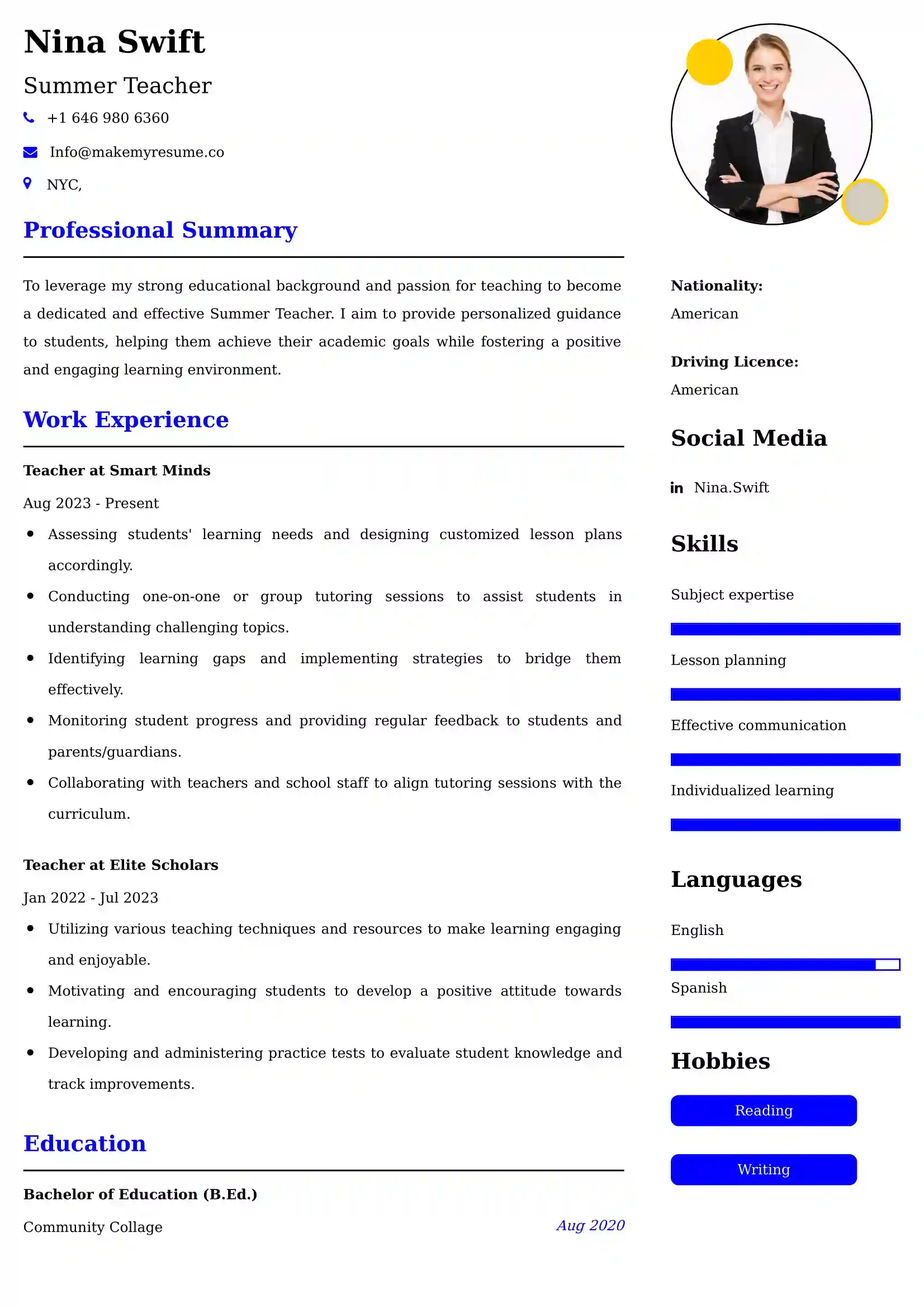 Summer Teacher Resume Examples - UAE Format and Tips.