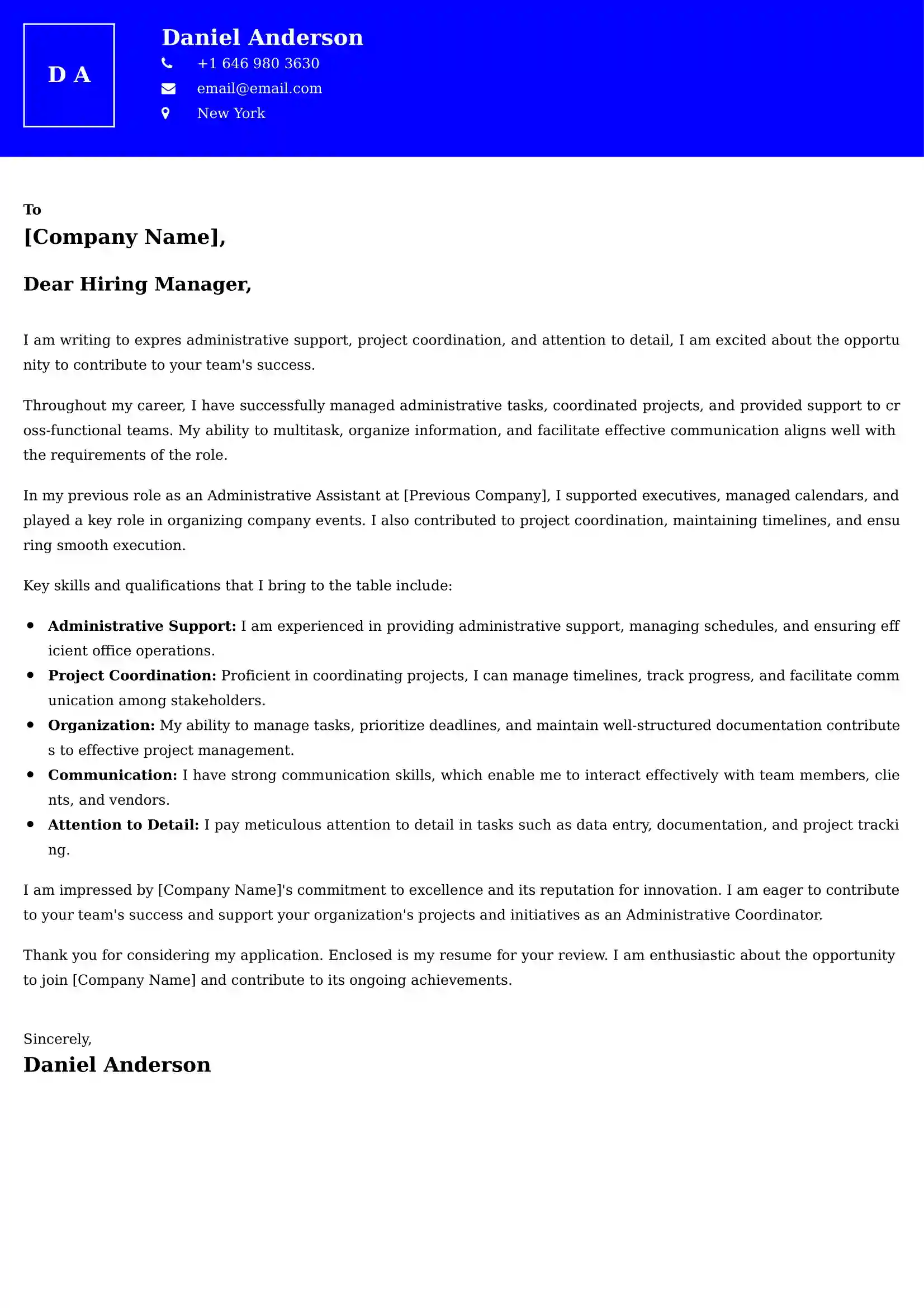 Administrative Coordinator Cover Letter Examples UAE - ATS Format