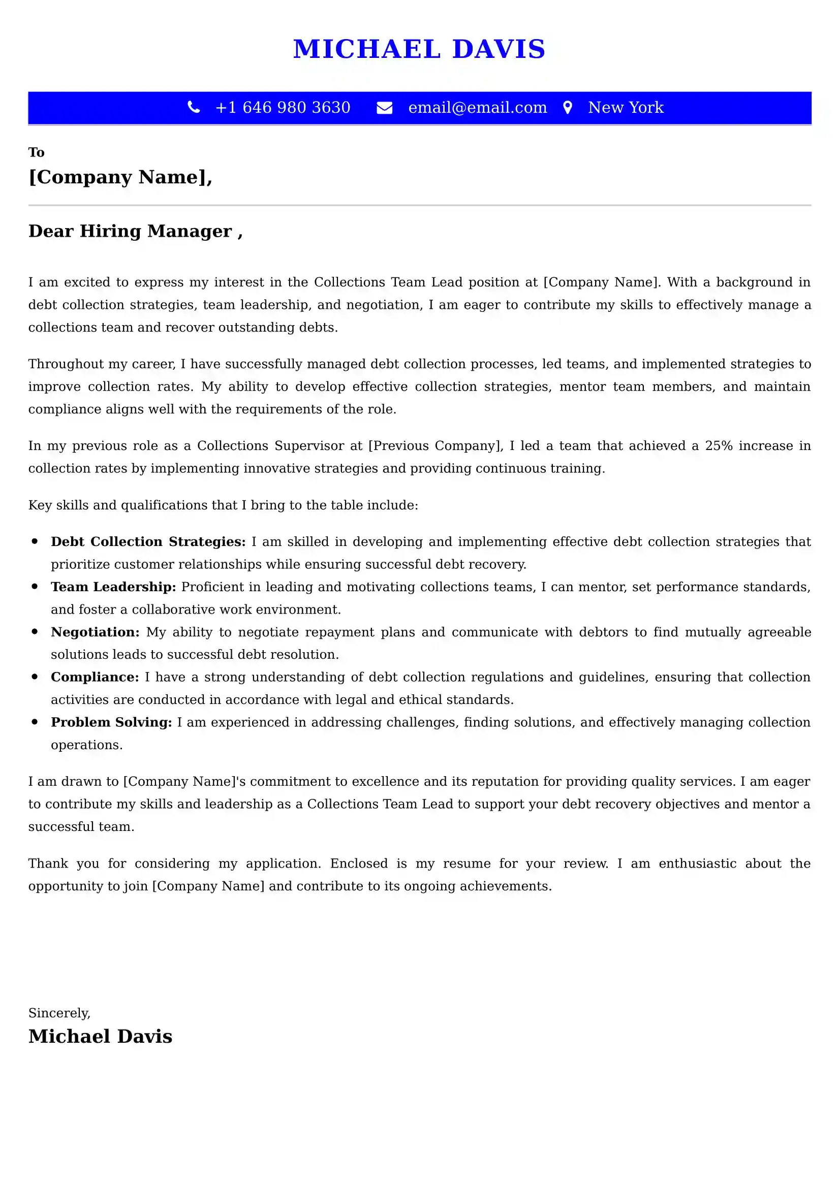 Collections Team Lead Cover Letter Examples UAE - ATS Format