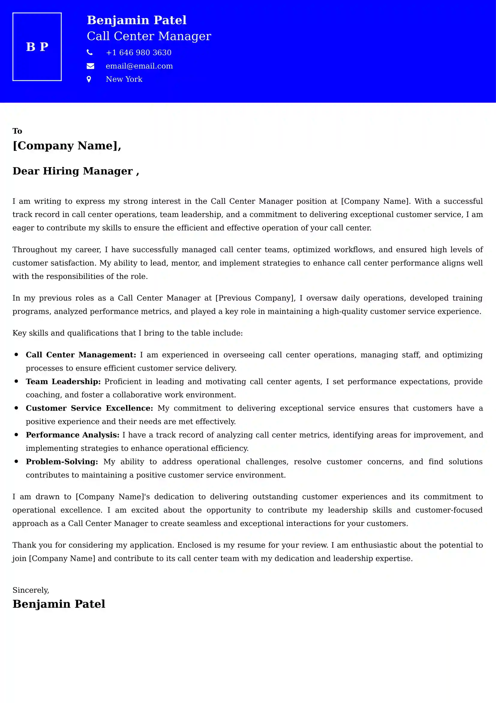 Call Center Manager Cover Letter Examples UAE - ATS Format
