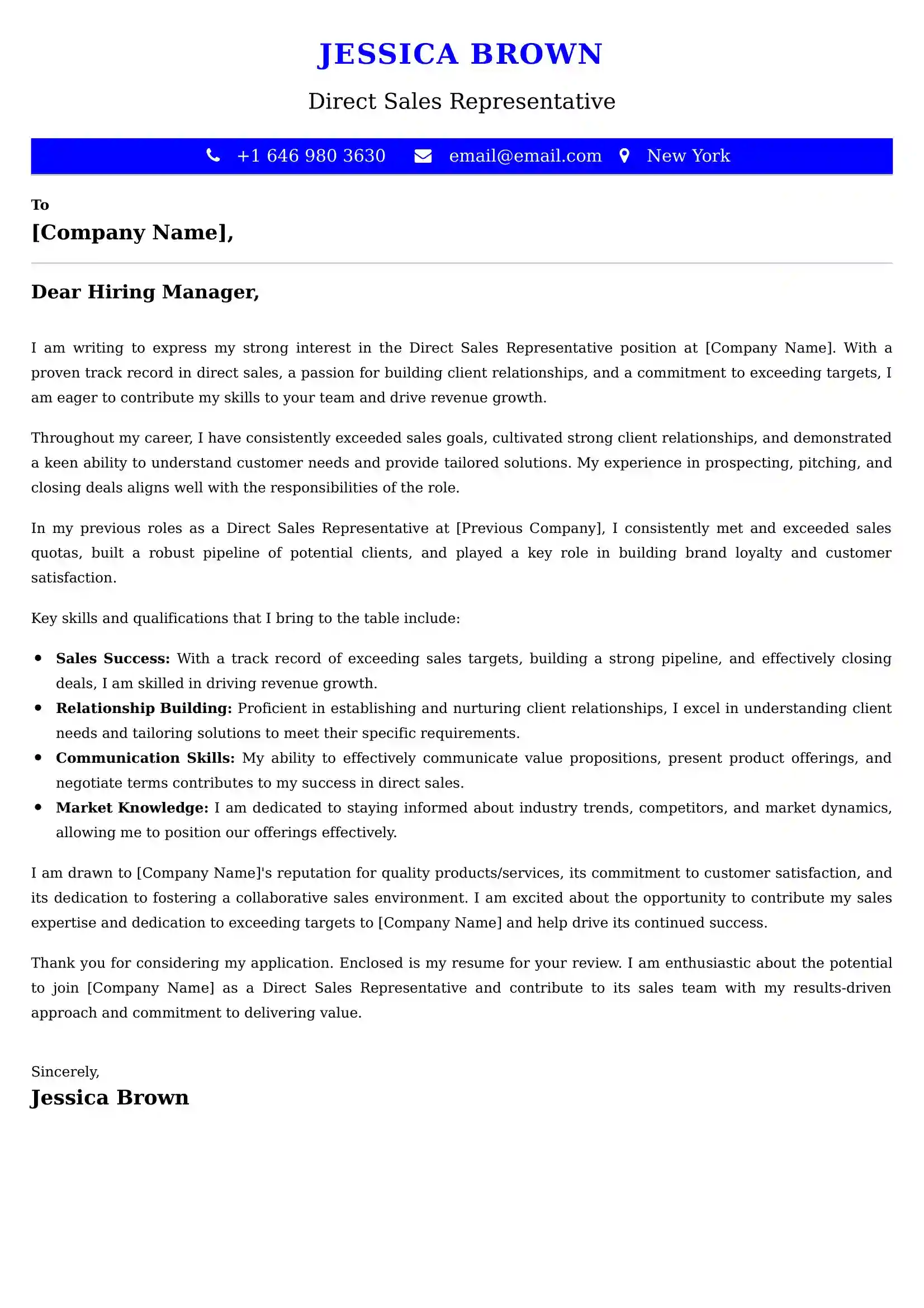 Direct Sales Representative Cover Letter Examples UAE - ATS Format