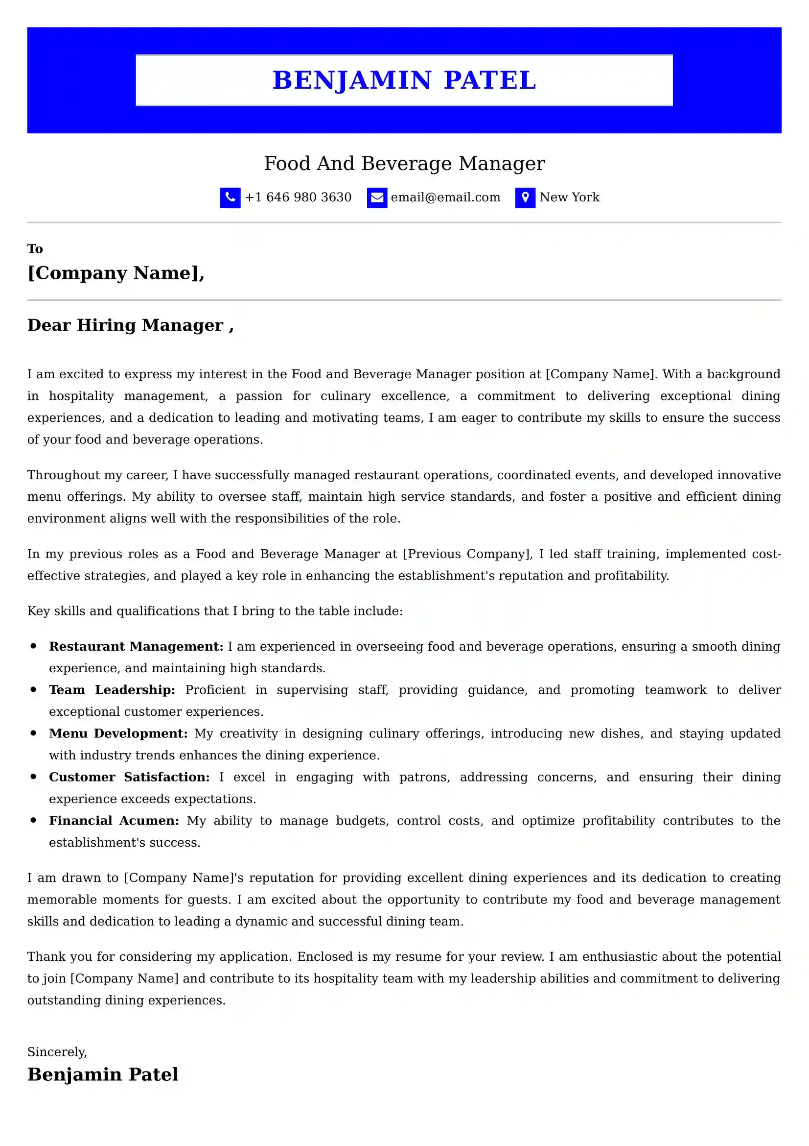 Food And Beverage Manager Cover Letter Examples UAE - ATS Format